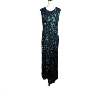 Frank Lyman Green Sequin Black Mesh Sleeveless Formal Cocktail Gown Dress
